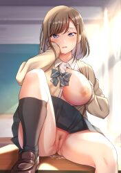 Rule 34 | 1girl, absurdres, black socks, blue eyes, blush, breasts, brown hair, censored, desk, female pubic hair, hair ornament, hairpin, hand on own cheek, hand on own face, highres, large breasts, looking at viewer, mibushiro, mosaic censoring, nipples, no panties, on desk, one breast out, original, parted lips, pleated skirt, pubic hair, pussy, pussy juice, school uniform, short hair, sitting, on desk, skirt, socks, solo, spread legs, underwear, upskirt
