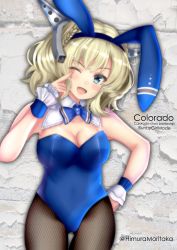 Rule 34 | 1girl, absurdres, animal ears, black pantyhose, blonde hair, blue bow, blue bowtie, blue eyes, blue leotard, blue ribbon, bow, bowtie, braid, breasts, character name, colorado (kancolle), covered navel, detached collar, fake animal ears, finger to eye, fishnet pantyhose, fishnets, hand on own hip, highres, himura moritaka, kantai collection, large breasts, leotard, medium breasts, one eye closed, pantyhose, playboy bunny, rabbit ears, ribbon, short hair, side braids, solo, strapless, strapless leotard, twitter username, wing collar, wrist cuffs