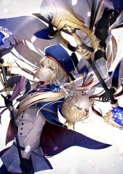 Rule 34 | 2girls, absurdres, armor, artoria caster (fate), artoria caster (second ascension) (fate), artoria caster (third ascension) (fate), artoria pendragon (fate), belt, black gloves, black ribbon, blonde hair, blue belt, blue cape, blue headwear, blue ribbon, bow, bowtie, breastplate, buttons, cape, commentary, crown, dress, dual persona, elbow gloves, english text, fate/grand order, fate (series), fur collar, gloves, glowing, glowing eyes, gold trim, green eyes, hair ribbon, hat, highres, holding, holding staff, holding sword, holding weapon, long hair, long sleeves, looking at viewer, looking away, marmyadose (fate), mini crown, multiple girls, petals, purple bow, ribbon, staff, sword, twintails, very long hair, weapon, white dress, wide sleeves, yamano udumi
