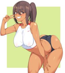 Rule 34 | 1girl, ass, back, bare shoulders, blush, breasts, brown eyes, brown hair, covered navel, dark skin, dark-skinned female, grin, highres, large breasts, leaning forward, long hair, looking at viewer, midriff, ponytail, puffy nipples, smile, solo, teeth, track and field, urec, v