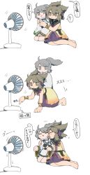 Rule 34 | 2girls, ahoge, akikaze cp, barefoot, bracelet, brown dress, brown eyes, brown hair, comic, commentary request, cooler, dress, earmuffs, grey eyes, grey hair, highres, japanese clothes, jewelry, kariginu, mononobe no futo, multicolored hair, multiple girls, pointy hair, simple background, sitting, speech bubble, touhou, toyosatomimi no miko, translation request, white background