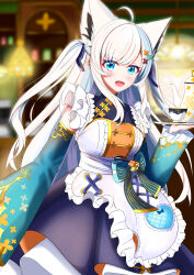 1girl absurdres ahoge animal_ear_fluff animal_ears apron ayana_haku blue_eyes blurry blurry_background blush braid commentary_request cup detached_sleeves earrings fox_ears fox_girl grey_hair hair_between_eyes hair_ornament highres holding holding_plate hololive jewelry long_hair looking_at_viewer maid maid_apron open_mouth plate shirakami_fubuki shirakami_fubuki_(8th_costume) sidelocks single_braid solo swept_bangs teacup teapot two_side_up virtual_youtuber white_hair