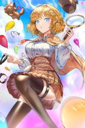 Rule 34 | 1girl, animal, balloon, blonde hair, blue eyes, blue sky, brown hat, brown skirt, brown thighhighs, cloud, cloudy sky, cuffs, dog, garter belt, gears, hair ornament, handcuffs, hat, highres, holding, holding magnifying glass, hololive, hololive english, jumping, looking at viewer, magnifying glass, medium hair, odyssey 21, parted lips, plaid, plaid skirt, red neckwear, signature, skirt, sky, solo, stethoscope, thigh strap, thighhighs, virtual youtuber, watson amelia