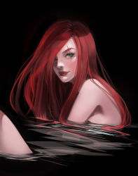 Rule 34 | 1girl, black background, eyebrows, eyelashes, green eyes, highres, jeny wang, katarina (league of legends), league of legends, light smile, lips, long hair, looking at viewer, nose, partially submerged, realistic, red hair, scar, scar across eye, scar on face, simple background, solo, water