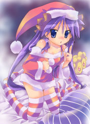 Rule 34 | 00s, 1girl, bare shoulders, bed, blue eyes, christmas, collarbone, hair ribbon, hat, highres, hiiragi kagami, kneeling, long hair, lucky star, nyanmilla, patterned legwear, purple hair, red &amp; white, ribbon, santa costume, santa hat, solo, striped clothes, striped thighhighs, thighhighs, tsurime, twintails, two-tone stripes, zettai ryouiki