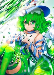 Rule 34 | 1girl, cherry, curly hair, dathie96, dress, floating hair, food, frown, fruit, full body, hands on own chest, hannakii, hat, highres, ice, ice cube, in water, kimi ga shine, legs together, lemon, lemon slice, looking at viewer, reflection, short hair, sleeveless, solo, striped, tears, thighhighs, water drop