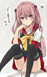 Rule 34 | 1girl, between legs, black thighhighs, black vest, blush, bow, bowtie, brown eyes, closed mouth, frown, grey background, hair between eyes, hand between legs, highres, inui sajuna, long hair, looking at viewer, miniskirt, outline, pink hair, pleated skirt, red sailor collar, red skirt, sailor collar, sailor shirt, shirt, short sleeves, sitting, skirt, solo, sono bisque doll wa koi wo suru, sweatdrop, sweater vest, tarachine, thighhighs, vest, virtual youtuber, white outline, white shirt, yellow bow, yellow bowtie