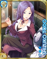 Rule 34 | 1girl, :o, breasts, character name, cleavage, closed mouth, couch, dress, from side, girlfriend (kari), jacket, leggings, long hair, looking at viewer, looking to the side, matching hair/eyes, needle, official art, purple eyes, purple hair, purple jacket, qp:flapper, school uniform, sewing, solo, standing, tagme, teacher, thread, todo shizuko