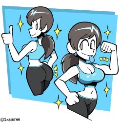Rule 34 | 1nsert-art-here, ass, blue shirt, breasts, cleavage, flexing, grey hair, highres, large breasts, nintendo, no pupils, pants, shirt, sparkle, tank top, thumbs up, tongue, tongue out, wii fit, wii fit trainer, wii fit trainer (female), yoga pants