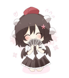 Rule 34 | 1girl, ^ ^, black hair, black neckwear, black skirt, black wings, card, closed eyes, closed mouth, cowboy shot, cropped legs, facing viewer, feathered wings, flower, flying sweatdrops, hair between eyes, hair flower, hair ornament, hat, heart, highres, holding, holding card, low wings, mini hat, mini wings, pink flower, playing card, pleated skirt, puffy short sleeves, puffy sleeves, red hat, shameimaru aya, shirt, short sleeves, skirt, solo, tokin hat, totoharu (kujirai minato), touhou, wavy mouth, white background, white shirt, wings