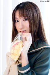 Rule 34 | bread, cosplay, food, highres, hirai yukari, ichii sayaka, melon bread, photo (medium), sailor, school uniform, serafuku, shakugan no shana