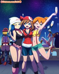 Rule 34 | 1boy, 5girls, alchohol, alcohol, armpits, ash ketchum, ass, ass grab, bike shorts, blush, breasts, champagne, cleavage, clothes lift, creatures (company), dawn (pokemon), drinking, drunk, fireworks, game freak, happy new year, hetero, highres, hip vent, iris (pokemon), kiss, large breasts, looking at viewer, may (pokemon), medium breasts, misty (pokemon), multiple girls, navel, new year, night, nintendo, panties, party, pokemon, pokemon (anime), pokemon (classic anime), pokemon bw (anime), pokemon dppt (anime), pokemon rse (anime), pokemon xy (anime), reit, serena (pokemon), shorts, skirt, skirt lift, sky, small breasts, suspenders, thighhighs, underage drinking, underwear, yuri