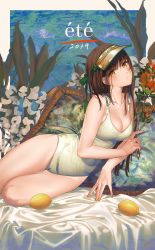 1girl, 2019, absurdres, blush, bow, breasts, brown eyes, brown hair, casual one-piece swimsuit, cleavage, collarbone, flower, food, french text, fruit, green bow, green ribbon, hair bow, hair ribbon, highres, holding, holding flower, kippu, lemon, long hair, lying, medium breasts, nail polish, on side, one-piece swimsuit, original, parted lips, print swimsuit, ribbon, solo, summer, swimsuit, tassel, visor cap, yellow nails