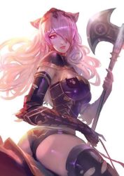 Rule 34 | 1girl, armor, ass, axe, black armor, black panties, boots, breasts, camilla (fire emblem), cglas, cleavage, commentary, dragon, english commentary, fire emblem, fire emblem awakening, fire emblem fates, fire emblem heroes, hair over one eye, holding, holding axe, large breasts, lips, long hair, nintendo, panties, purple eyes, purple hair, riding, sitting, solo, thigh boots, thighhighs, thighs, tiara, torn clothes, underwear, wavy hair, wyvern