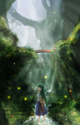 Rule 34 | 1girl, absurdres, aki tsui, arms behind back, backlighting, barefoot, blue eyes, blue skirt, breasts, bridge, commentary request, detached sleeves, fireflies, fog, forest, frog hair ornament, grass, green hair, hair ornament, hair tubes, highres, holding own wrist, kochiya sanae, lantern, legs, light rays, long hair, long skirt, looking at viewer, looking back, moss, nature, parted lips, rock, rope, scenery, shimenawa, skirt, sleeveless, snake hair ornament, solo, stairs, stream, teeth, torii, touhou, tree, very long hair, wading, water, waterfall, when you see it, wooden lantern