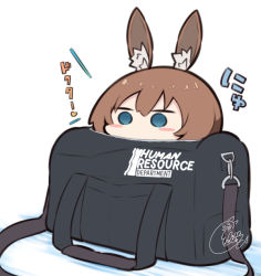 Rule 34 | 1girl, amiya (arknights), animal ear fluff, animal ears, arknights, bag, beni shake, blue eyes, blush stickers, brown hair, chibi, commentary request, covered mouth, duffel bag, hair between eyes, in bag, in container, looking away, partial commentary, peeking out, rabbit ears, shadow, signature, solo, translated, white background
