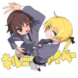 Rule 34 | 2girls, arm up, black necktie, black ribbon, black skirt, black socks, blonde hair, blue eyes, brown eyes, brown footwear, brown hair, buttons, closed mouth, commentary, copyright name, crossed arms, from above, full body, grey vest, hair ribbon, hand up, highres, kill me baby, loafers, long hair, long sleeves, looking at viewer, looking up, multiple girls, necktie, one eye closed, open mouth, oribe yasuna, ribbon, school uniform, shirt, shoes, short hair, simple background, skirt, socks, solo, sonya (kill me baby), triangle mouth, twintails, v, v-shaped eyebrows, v over head, vest, white background, white shirt, white socks, yachima tana