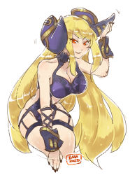 Rule 34 | 1girl, alternate eye color, artist name, bare hips, bare shoulders, black nails, blonde hair, bracelet, breasts, chelle (dragalia lost), cleavage, corruption, cosplay, cygames, dark persona, dragalia lost, dragalialust, evil, evil grin, evil smile, grin, jewelry, long hair, looking at viewer, morsayati, nail polish, nintendo, possessed, possession, red eyes, smile, solo, thighs, white background, zethia, zethia (cosplay)