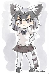 Rule 34 | 10s, 1girl, animal ears, artist name, blush stickers, bow, bowtie, commentary, common raccoon (kemono friends), fennec (kemono friends), fox ears, full body, fur collar, grey eyes, greyscale, hand on own hip, if they mated, kemono friends, looking at viewer, monochrome, multicolored hair, muted color, pantyhose, panzuban, puffy short sleeves, puffy sleeves, raccoon tail, short hair, short sleeves, skirt, smile, solo, tail, twitter username
