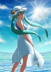 Rule 34 | 1girl, aqua eyes, aqua hair, bare shoulders, day, dress, hat, hatsune miku, highres, long hair, looking at viewer, open mouth, parsue, sketch, sleeveless, sleeveless dress, smile, solo, sun hat, sundress, twintails, very long hair, vocaloid, water, white dress