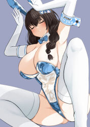 Rule 34 | 1girl, animal ears, arms up, blue bow, blue bowtie, blue leotard, blush, bowtie, braid, breasts, brown hair, cleavage, closed eyes, detached collar, elbow gloves, fake animal ears, fake tail, foguma, gloves, goddess of victory: nikke, grin, id card, large breasts, leotard, long hair, mary (medical rabbit) (nikke), mary (nikke), official alternate costume, parted lips, playboy bunny, rabbit ears, rabbit pose, rabbit tail, see-through, see-through leotard, smile, solo, spread legs, squatting, strapless, strapless leotard, tail, thighhighs, white gloves, white thighhighs