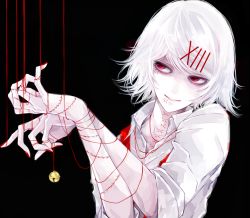 Rule 34 | 1boy, awara kayu, bell, black background, collared shirt, commentary request, hair ornament, hairclip, hands up, male focus, nail polish, pale skin, parted lips, red eyes, red nails, ribbon, shirt, short hair, simple background, solo, spot color, stitches, suspenders, suzuya juuzou, teeth, tokyo ghoul, white hair, white shirt, x hair ornament