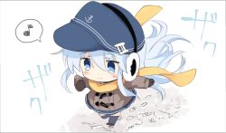 Rule 34 | 1girl, adapted costume, anchor symbol, black thighhighs, blue hat, blue skirt, brown mittens, chibi, coat, commentary request, earmuffs, eighth note, flat cap, full body, grey coat, grey eyes, hat, hibiki (kancolle), highres, hizuki yayoi, kantai collection, long hair, mittens, musical note, pleated skirt, running, scarf, silver hair, skirt, solo, spoken musical note, thighhighs, winter clothes, yellow scarf