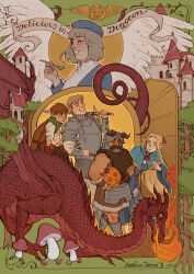 Rule 34 | 2girls, 3boys, absurdres, armor, beard, blonde hair, brown hair, chilchuck tims, dragon, dungeon meshi, dwarf, elf, european architecture, facial hair, fake horns, falin touden, falin touden (tallman), fantasy, feathered wings, full body, helmet, highres, holding, holding spoon, horned helmet, horns, laios touden, long beard, marcille donato, may12324, multiple boys, multiple girls, mustache, plate armor, pointy ears, pumpkin, senshi (dungeon meshi), smile, solo, spoon, thick mustache, toned, toned male, very long beard, walking, walking mushroom (dungeon meshi), winged lion (dungeon meshi), wings