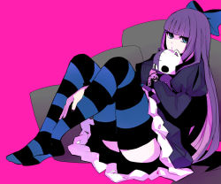Rule 34 | 10s, 1girl, bad id, bad pixiv id, bk3, black nails, blue eyes, blunt bangs, bow, colored inner hair, dress, eyelashes, fingernails, frills, gothic lolita, hair bow, hime cut, honekoneko (psg), legs together, lolita fashion, long hair, long sleeves, multicolored hair, nail polish, no shoes, panty &amp; stocking with garterbelt, pink background, pink hair, puffy long sleeves, puffy sleeves, purple thighhighs, simple background, sitting, skull, solo, stocking (psg), striped clothes, striped thighhighs, stuffed animal, stuffed cat, stuffed toy, thighhighs, very long hair, zettai ryouiki