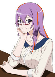 Rule 34 | 10s, 1girl, alternate costume, bespectacled, breasts, dragon yukano, ese shinshi, glasses, hand on own face, long hair, looking at viewer, ninja slayer, purple eyes, purple hair, short sleeves, simple background, smile, solo, t thekey, table, white background