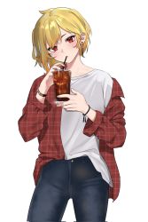 Rule 34 | 1girl, alternate costume, blonde hair, blue pants, blush, casual, cowboy shot, cup, denim, drinking, drinking glass, drinking straw, drinking straw in mouth, earrings, hievasp, highres, holding, holding cup, hololive, hololive indonesia, ice, ice cube, jacket, jeans, jewelry, kaela kovalskia, long sleeves, looking at viewer, medium hair, off shoulder, pants, plaid, plaid jacket, shirt, solo, virtual youtuber, watch, white background, white shirt, wristwatch