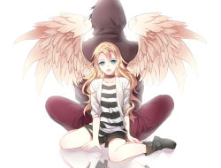 Rule 34 | 10s, 1boy, 1girl, angel wings, back-to-back, bad id, bad pixiv id, black footwear, black hair, black shorts, blonde hair, blue eyes, boots, brown jacket, collarbone, feathered wings, full body, hair between eyes, highres, hood, hooded jacket, isaac foster, jacket, long hair, looking at viewer, open clothes, open jacket, open mouth, rachel gardner, reflective floor, satsuriku no tenshi, shirt, short shorts, shorts, simple background, sitting, striped clothes, striped shirt, white background, white jacket, white wings, wings, yukko (pixiv12537077)