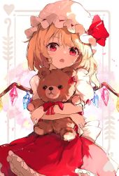 Rule 34 | 1girl, alternate eye color, animal ears, back bow, bear ears, black eyes, blonde hair, bow, bowtie, closed mouth, commentary request, crossed arms, crystal, dress, eyelashes, eyes visible through hair, flandre scarlet, frills, hair between eyes, hands up, hat, hat ribbon, heart, highres, hug, jewelry, light, looking at viewer, mob cap, multicolored background, multicolored wings, one side up, open mouth, pink background, pink eyes, puffy short sleeves, puffy sleeves, red bow, red bowtie, red dress, red ribbon, ribbon, shadow, shangurira, shirt, short hair, short sleeves, smile, solo, standing, stuffed animal, stuffed toy, teddy bear, touhou, toy, tree, white background, white bow, white hat, white shirt, wings, yellow background