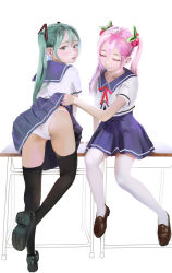 Rule 34 | 2girls, absurdres, alternate color, ass, bad id, bad pixiv id, bent over, black footwear, black legwear, blue sailor collar, blue skirt, blush, brown footwear, cherry, cherry hair ornament, classroom, clothes lift, collarbone, commentary, desk, english commentary, female focus, food, food-themed hair ornament, from behind, fruit, full body, green eyes, green hair, hair ornament, hatsune miku, highres, lifting another&#039;s clothes, loafers, long hair, looking at viewer, looking back, looking down, multiple girls, on desk, panties, pink eyes, pink hair, pleated skirt, presenting another, sailor collar, sakura miku, school desk, school uniform, serafuku, shirt, shoes, short sleeves, sidelocks, simple background, sitting, skirt, skirt lift, standing, sweetonedollar, table, thighhighs, twintails, underwear, very long hair, vocaloid, white background, white legwear, white panties, white shirt, yuri