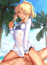 Rule 34 | 1boy, 1girl, beach, blonde hair, blue sky, braid, breasts, cowgirl position, fate/grand order, fate (series), french braid, girl on top, green eyes, hetero, highres, long hair, long sleeves, looking at viewer, mordred (fate), mordred (fate) (all), mordred (swimsuit rider) (fate), mordred (swimsuit rider) (second ascension) (fate), open mouth, orochi itto, palm tree, parted bangs, ponytail, sailor collar, sex, shirt, sidelocks, sky, small breasts, smile, spread legs, straddling, thighs, tree, vaginal, white shirt