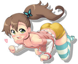 Rule 34 | 1girl, ass, bare shoulders, blush, bracelet, brown hair, butterfly hair ornament, choker, chousoku henkei gyrozetter, downblouse, green eyes, hair ornament, hase yu, heart, inaba rinne, jewelry, long sleeves, open mouth, ribbon choker, shorts, side ponytail, single thighhigh, skates, solo, striped clothes, striped thighhighs, teeth, thighhighs, white background