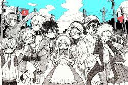 Rule 34 | 5boys, 5girls, :d, adjusting hood, amamiya hibiya, apron, arm at side, arm up, arrow (symbol), arrow print, bangs pinned back, belt, bow, bright pupils, casual, children record (vocaloid), cityscape, clenched hand, closed mouth, cloud, coat, collared dress, collared jacket, commentary, cowboy shot, day, detached sleeves, dot nose, double-parted bangs, dress, ene (kagerou project), enpera, feet out of frame, finger to mouth, frilled apron, frilled dress, frilled sleeves, frills, from side, frown, greyscale with colored background, group picture, hair bow, hair ornament, hair over one eye, hairband, hairclip, hand in pocket, highres, hood, hood down, hood up, hooded coat, hooded jacket, hooded jumpsuit, hoodie, idol clothes, index finger raised, jacket, jitome, kagerou project, kano shuuya, kido tsubomi, kisaragi momo, kisaragi shintarou, konoha (kagerou project), kozakura marry, long bangs, long hair, looking at another, looking at viewer, looking down, looking to the side, miniskirt, momiji-chan (mawi), multicolored clothes, multicolored dress, multiple boys, multiple girls, neck warmer, neckerchief, no sclera, one side up, open clothes, open coat, open mouth, outdoors, outstretched arm, own hands together, pants, parted lips, partially unzipped, pedestrian lights, pleated skirt, pocket, pointing, pointing up, power lines, print hoodie, ribbon, road sign, scarf, seto kousuke, short hair, short sleeves, sign, single stripe, skirt, sleeveless, sleeveless dress, sleeveless jacket, sleeves past elbows, sleeves past fingers, sleeves past wrists, smile, stop sign, striped clothes, striped jacket, sweater, tateyama ayano, teeth, track jacket, twintails, upper teeth only, very long sleeves, wind, winter uniform