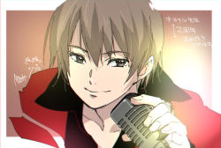 Rule 34 | 1boy, anniversary, artist name, black eyes, brown hair, closed mouth, coat, hiyama kiyoteru, jacket, looking at viewer, male focus, microphone, mouri, popped collar, red coat, signature, simple background, smile, upper body, vocaloid, white background