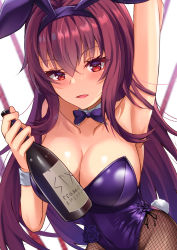 Rule 34 | 1girl, animal ears, armpits, bottle, bow, bowtie, breasts, cleavage, detached collar, fake animal ears, fate/grand order, fate (series), gae bolg (fate), hairband, highleg, highleg leotard, highres, large breasts, leotard, official alternate costume, parted lips, playboy bunny, purple bow, purple bowtie, purple hairband, purple leotard, rabbit ears, scathach (fate), scathach (piercing bunny) (fate), solo, strapless, strapless leotard, wine bottle, wrist cuffs, zacky
