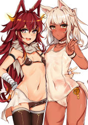 Rule 34 | 2girls, :d, absurdres, animal ears, arm around waist, arm belt, bad id, bad pixiv id, bandaged arm, bandages, bikini, black bikini, black legwear, breasts, cameltoe, choker, cleavage, covered erect nipples, covered navel, cowboy shot, dark-skinned female, dark skin, eyebrows, fox ears, fur trim, groin, hair between eyes, hand wraps, highres, leg tattoo, long hair, looking at viewer, messy hair, multiple girls, navel, nipples, one-piece swimsuit, open mouth, original, red eyes, red hair, ribs, see-through, side-by-side, silver hair, simple background, sketch, skin tight, slm, small breasts, smile, strap gap, sweat, swimsuit, tail, tattoo, thighhighs, torn clothes, w, white background, white one-piece swimsuit, wristband