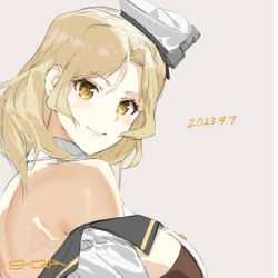 Rule 34 | 9-ga, artist name, bare shoulders, blonde hair, breasts, dated, detached collar, houston (kancolle), kantai collection, large breasts, looking at viewer, medium breasts, smile, wavy hair, white headwear, yellow eyes