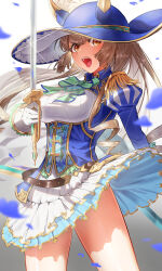 Rule 34 | 1girl, absurdres, animal ears, belt, blue jacket, bow, breasts, brown belt, brown hair, buttons, collared jacket, commentary request, cowboy shot, double-breasted, ear covers, epaulettes, gloves, green bow, highres, holding, holding sword, holding weapon, horse ears, horse girl, horse tail, jacket, juliet sleeves, kinoyama (0202), long hair, long sleeves, medium breasts, official art, open mouth, petals, puffy sleeves, rose petals, satono diamond (chevalier bleu) (umamusume), satono diamond (umamusume), simple background, skirt, solo, sword, tail, teeth, umamusume, upper teeth only, very long hair, weapon, white background, white gloves, white skirt, yellow eyes