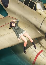 Rule 34 | 1girl, a6m2-n, a9b (louis814), aircraft, airplane, black legwear, braid, brown eyes, brown footwear, brown hair, buttons, highres, looking at viewer, luminous witches, lying, military, military uniform, ocean, one eye closed, pocket, shibuya inori, skirt, solo, uniform, world witches series