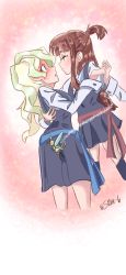 Rule 34 | 2girls, bee, blonde hair, blue eyes, blush, brown hair, bug, couple, diana cavendish, embarrassed, eye contact, from side, highres, holding hands, insect, kagari atsuko, little witch academia, looking at another, luna nova school uniform, multicolored hair, multiple girls, red eyes, role reversal, school uniform, simple background, skirt, skrtttt-6, thighs, two-tone hair, uniform, white background, yuri