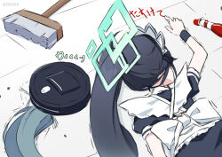 Rule 34 | 1girl, absurdres, apron, aris (blue archive), aris (maid) (blue archive), black dress, black hair, blue archive, broom, dress, gevuxx, halo, highres, ketchup, ketchup bottle, long hair, lying, maid, maid headdress, on floor, on stomach, robotic vacuum cleaner, side ponytail, solo, translation request, trembling, white apron