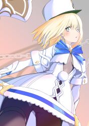 Rule 34 | 1girl, :o, azur lane, blonde hair, blue bow, blue ribbon, blush, bodystocking, bodysuit, bodysuit under clothes, bow, breasts, breasts apart, capelet, center opening, chain, collar, cowboy shot, dress, eyepatch, from below, gauntlets, gradient background, green eyes, grey background, hair between eyes, hat, highres, holding, kepi, layered sleeves, le terrible (azur lane), long sleeves, looking at viewer, medium hair, military hat, mole, mole under eye, one eye covered, p.i.t.d, panties, panties under pantyhose, pantyhose, pantyshot, parted lips, pink background, pom pom (clothes), ribbon, short dress, short over long sleeves, short sleeves, sidelocks, simple background, small breasts, solo, standing, thigh strap, underwear, upskirt, vambraces, weapon, white dress, white hat
