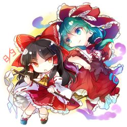 Rule 34 | 2girls, ascot, bare shoulders, black footwear, black hair, boots, bow, chibi, clothes lift, collared shirt, dated, detached sleeves, dress, dress lift, frilled dress, frills, full body, gohei, green eyes, green hair, hair bow, hair ribbon, hair tubes, hakurei reimu, kagiyama hina, kutsuki kai, lace-trimmed sleeves, lace trim, long hair, looking at viewer, looking to the side, multiple girls, open mouth, petticoat, red dress, red eyes, red shirt, red skirt, ribbon, shirt, short sleeves, skirt, skirt hold, socks, touhou, white background, wide sleeves