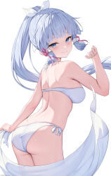 Rule 34 | 1girl, absurdres, armpit crease, ass, ayaka (genshin impact), back, bikini, blue eyes, blue hair, blunt bangs, blunt tresses, blush, bow, breasts, commentary request, curvy, eyelashes, from behind, genshin impact, hair bow, hand up, highres, leaning forward, light blue hair, long hair, looking at viewer, looking back, medium breasts, mole, mole under eye, patreon username, ponytail, rosumerii, sarong, seductive smile, shoulder blades, side-tie bikini bottom, sideboob, sidelighting, smile, solo, swimsuit, tsurime, white background, white bikini, white bow, white sarong