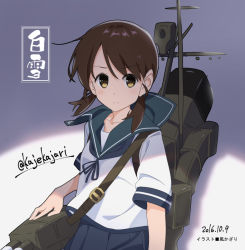 Rule 34 | 10s, 1girl, 2016, bad id, bad pixiv id, blouse, brown hair, cannon, character name, collared shirt, dated, kantai collection, kaze hiki, long hair, low twintails, machinery, neckerchief, pleated skirt, sailor collar, school uniform, serafuku, shirayuki (kancolle), shirt, short hair, short twintails, skirt, smile, smokestack, solo, turret, twintails, twitter username, white shirt, yellow eyes