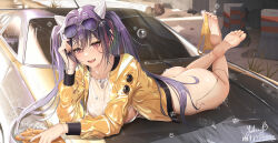 Rule 34 | 1girl, animal ears, ass, barefoot, bottomless, breasts, bubble, cleavage, collarbone, commentary request, crossover, cyberpunk (series), cyberpunk 2077, eyewear on head, fake animal ears, genshin impact, highres, jacket, keqing (genshin impact), large breasts, long hair, long sleeves, looking at viewer, lying, no pants, on back, on vehicle, outdoors, panties around toe, purple eyes, purple hair, shirt, sidelocks, signature, soles, solo, sunglasses, toes, twintails, white shirt, yellow jacket, yuxing yuhang
